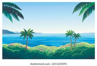 Summer seascape with palm trees, jungle and sea. Vector illustration.