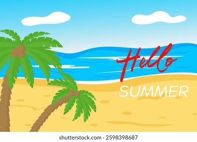 summer seascape, palm trees with sea on the beach, hello summer