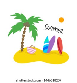 Summer seascape with palm trees and surfboards. Vector illustration.
