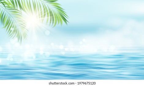 Summer seascape. The rays of the sun and the leaves of the palm tree on the background of the seascape. Sun rays blurred bokeh effect. Vector illustration EPS10