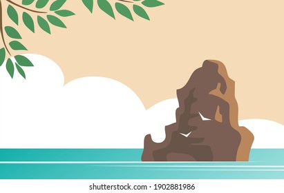 Summer seascape with rock, tree and seagulls. The beauty of the wild. Vector cartoon illustration for background.