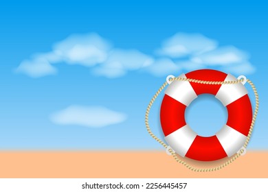 Summer seascape. Sandy beach and bright lifebuoy. Summer holidays background