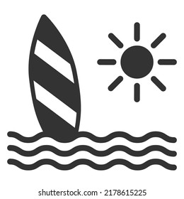 Summer, seascape with sea, surfboard and sun - vector sign, web icon, illustration on white background, glyph style