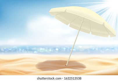 Summer seascape, sunny sandy beach with umbrella, sky and clouds, bright sun illuminates the sand and sea water. Vector.