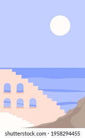 Summer seascape. Top view of the sea and ancient ruins. Boho minimalist design for souvenir shops, travel agency advertising, contemporary  poster, etc.