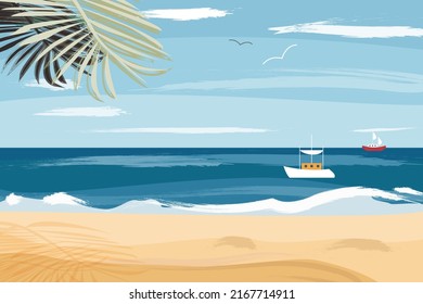 Summer seascape with tropical beach, sail boats, ships floating in sea. Passenger sailboats, speedboats, yachts in ocean. Color flat vector illustration of beautiful nature with cloudy sky horizon