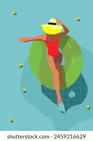 Summer seascape. Woman lying on an inflatable ring in the pool. Vector illustration.