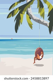 Summer seascape. A woman sits on a hanging cocoon swing and drinks. Vector illustration.