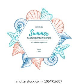 Summer seashell label. Hand drawn vector illustration. Marine pre-made composition. Perfect for invitations, greeting cards, posters, prints, banners, flyers etc