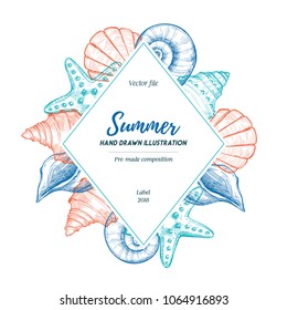 Summer seashell label. Hand drawn vector illustration. Marine pre-made composition. Perfect for invitations, greeting cards, posters, prints, banners, flyers etc