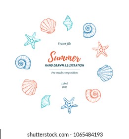 Summer seashell label. Hand drawn vector illustration. Marine pre-made composition. Perfect for invitations, greeting cards, posters, prints, banners, flyers etc