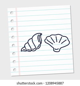 The summer seashell vector sketch shell icon in doodle style with a paper background. vector illustration