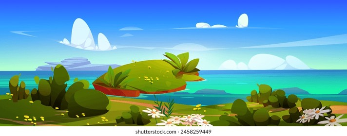 Summer seashore with flowers and green grass. Vector cartoon illustration of beach scenery with clear blue water, footpath along coast with lawn and bushes, clouds in sunny sky, travel background