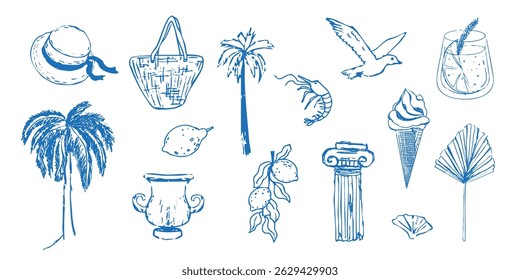 Summer seashore greek sea tourism, rest sketch drawing. Line hand drawn beach party elements. Vacation doodle tropical print.