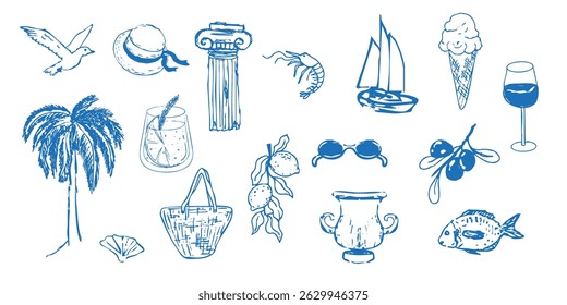 Summer seashore greek sea tourism, rest sketch drawing. Line hand drawn beach party elements. Vacation doodle tropical print.