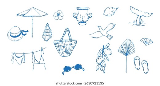 Summer seashore greek sea tourism, rest sketch drawing. Line hand drawn beach party elements. Vacation doodle tropical print.