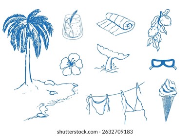 Summer seashore greek sea tourism, rest sketch drawing. Line hand drawn beach party elements. Vacation doodle tropical print.