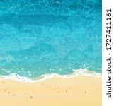 Summer seashore with sand, top view. The wave rolls onto the sand, sea foam, blue water. Cartoon vector illustration.