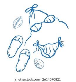 Summer seashore sea tourism, rest sketch drawing. Swimsuit straw hat with ribbon seashell, Line hand drawn beach party elements. Vacation doodle tropical print.