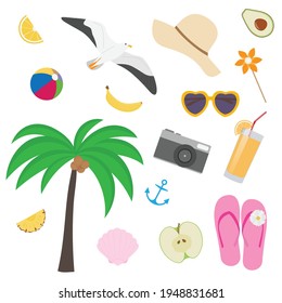 Summer seaside beach collection with vector objects - palm, camera, cocktail, seagull, anchor, slipper, hat, ball, avocado, sunglasses, etc. 