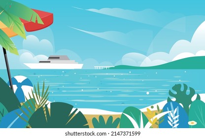 Summer seaside beach and people basking in the sun, vector illustration