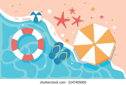 Summer seaside beach with various plants in the foreground vector illustration