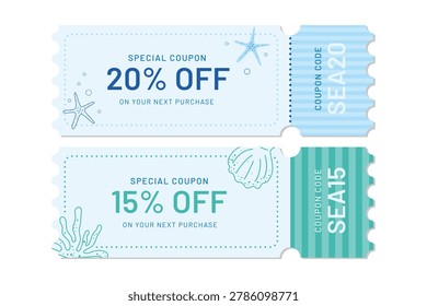 Summer seaside coupon template set with starfish, shell and coral elements. Modern discount vouchers for shopping, retail promotion, beach sales, seasonal marketing and vacation offers.