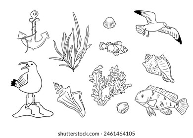 Summer seaside doodle set with seagulls and underwater life. Collection of sketchy contour drawings isolated on white background. Monochrome black outline stickers