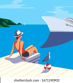 Summer seaside flat color vector. Blue ocean scenic view poster. Hand drawn pop art retro style. Holiday vacation season sea travel leisure. Tourist sea trip rest advertisement background illustration