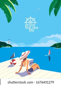 Summer seaside flat color vector. Blue ocean scenic view poster. Hand drawn pop art retro style. Holiday vacation season sea travel leisure. Tourist sea trip rest advertisement background illustration