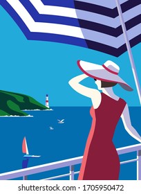 Vector de color plano de veraniego. Cartel panorámico del océano azul. Estilo retro de arte pop dibujado a mano. Vacaciones vacacionales en el mar. Anuncio de viaje turístico por mar ilustración de fondo