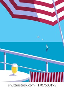 Summer seaside flat color vector. Blue ocean scenic view poster. Hand drawn pop art retro style. Holiday vacation season sea travel leisure. Tourist sea trip rest advertisement background illustration