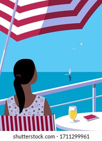 Vector de color plano de veraniego. Cartel panorámico del océano azul. Estilo retro de arte pop dibujado a mano. Vacaciones vacacionales en el mar. Anuncio de viaje turístico por mar ilustración de fondo