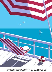 Vector de color plano de veraniego. Cartel panorámico del océano azul. Estilo retro de arte pop dibujado a mano. Vacaciones vacacionales en el mar. Anuncio de viaje turístico por mar ilustración de fondo