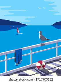 Summer seaside flat color vector. Blue ocean scenic view poster. Hand drawn pop art retro style. Holiday vacation season sea travel leisure. Tourist sea trip rest advertisement background illustration