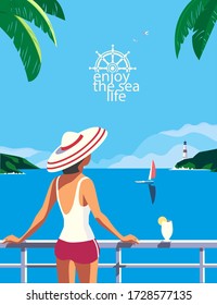 Summer seaside flat color vector. Blue ocean scenic view poster. Hand drawn pop art retro style. Holiday vacation season sea travel leisure. Tourist sea trip rest advertisement background illustration