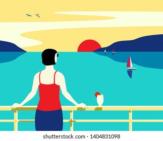 Summer seaside flat landscape. Blue ocean scenic view poster. Hand drawn pop art retro style. Holiday vacation season sea travel leisure. Sea sailing relax. Vector tourist trip background illustration