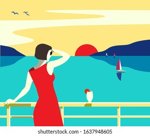 Summer seaside flat landscape. Blue ocean scenic view poster. Hand drawn pop art retro style. Holiday vacation season sea travel leisure. Sea sailing relax. Vector tourist trip background illustration