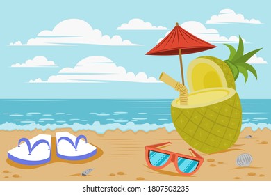 Summer seaside idea,fruit drink with sunglasses and sandal on the beach