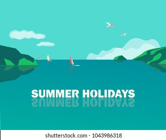 Summer seaside landscape. Blue ocean scenic view poster. Freehand drawn cartoon retro style. Holiday vacation season sea travel leisure. Yacht sailing. Vector tourist fun trip advertisement background
