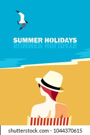 Summer seaside landscape. Blue ocean scenic view poster. Freehand drawn cartoon retro style. Holiday vacation season sea travel leisure. Seashore relax. Vector tourist trip advertisement background