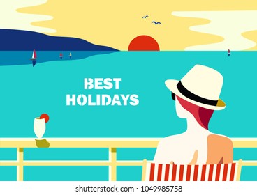 Summer seaside landscape. Blue ocean scenic view poster. Freehand drawn pop art retro style. Holiday vacation season sea travel leisure. Sea sailing relax. Vector tourist trip advertisement background