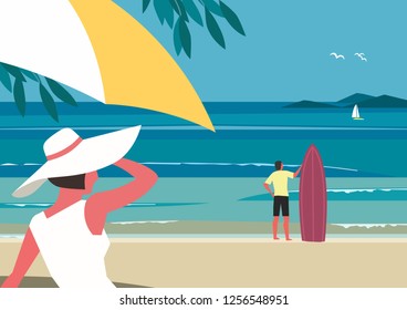 Summer seaside landscape. Blue ocean scenic view poster. Freehand drawn pop art retro style. Holiday vacation season sea travel leisure. Sea leisure relax. Vector tourist trip advertisement background