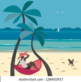 Summer seaside landscape. Blue ocean scenic view. Hand drawn tropical island escape poster. Holiday vacation season sea travel leisure. Sea leisure relax. Vector tourist trip advertisement background