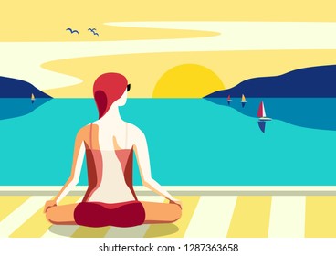 Summer seaside landscape. Blue ocean scenic view poster. Hand drawn pop art retro cartoon. Holiday vacation season sea travel leisure. Sea sailing relax. Vector tourist trip advertisement background