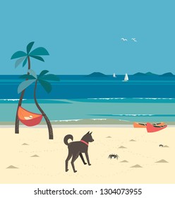 Summer seaside landscape. Blue ocean scenic view. Hand drawn tropica island escape poster. Holiday vacation season sea travel leisure. Sea leisure relax. Vector tourist trip advertisement background