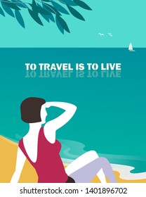 Summer seaside landscape. Blue ocean scenic view poster. Freehand drawn pop art retro style. Holiday vacation season sea travel leisure. Sea leisure relax. Vector tourist trip advertisement background