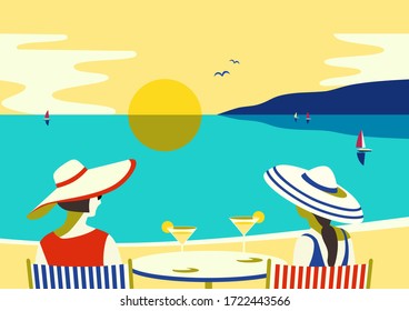 Summer seaside landscape. Blue ocean scenic view poster. 