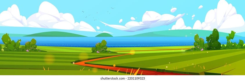 Summer seaside landscape, cartoon illustration. Vector design of beautiful lake, green field with footpath, blooming bushes and hills on horizon. Birds flying high in blue sky over water surface