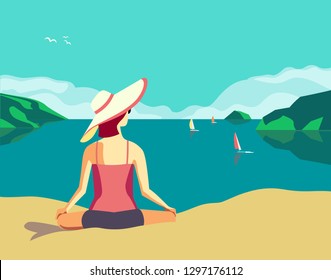 Summer seaside landscape. Nature scenic view poster. Hand drawn retro color cartoon. Girl relaxing on holiday vacation season. Sea travel leisure relax. Vector tourist trip advertisement background